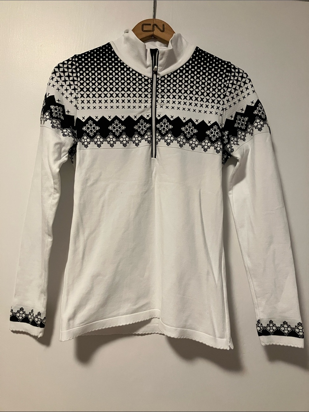 Newman Women's White Crew Sweater with Black Nordic Yoke Like New Made in Italy